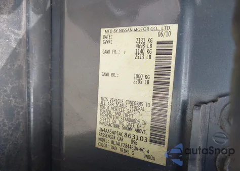 2010 Nissan Maxima 3.5 Sv z USA, uszkodzony, nr VIN 1N4AA5AP5AC863103